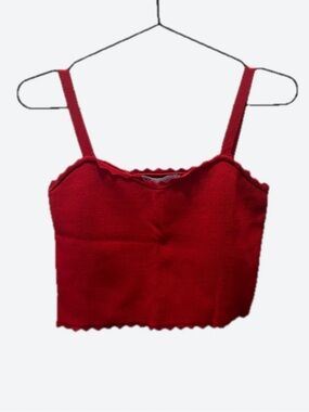 Zara Red Ribbed Scallop-Trim Crop Cami